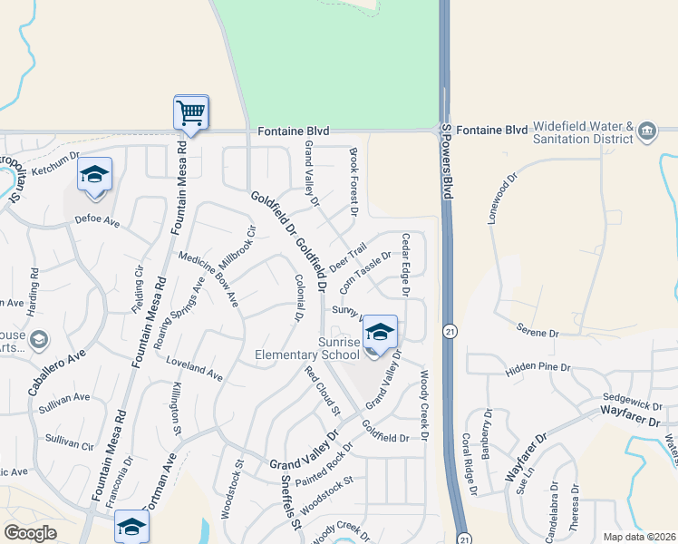 map of restaurants, bars, coffee shops, grocery stores, and more near 6970 Corn Tassle Drive in Colorado Springs