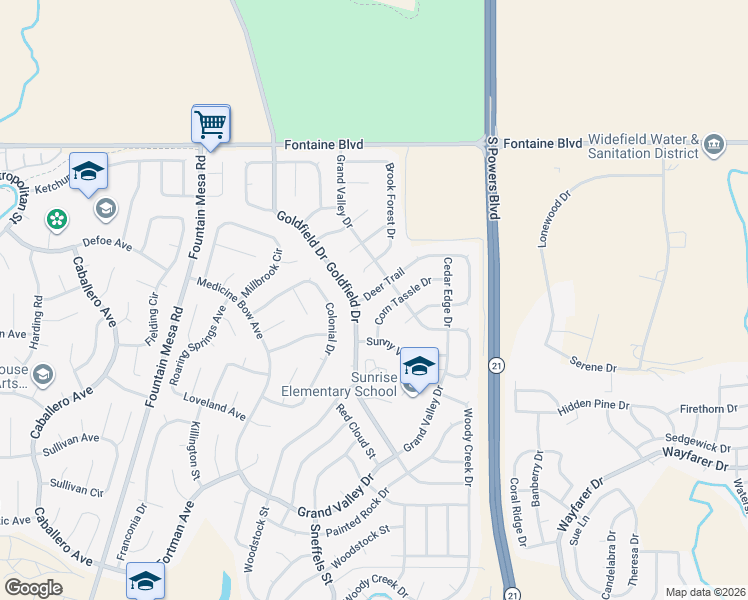 map of restaurants, bars, coffee shops, grocery stores, and more near 7525 Deer Trail in Colorado Springs