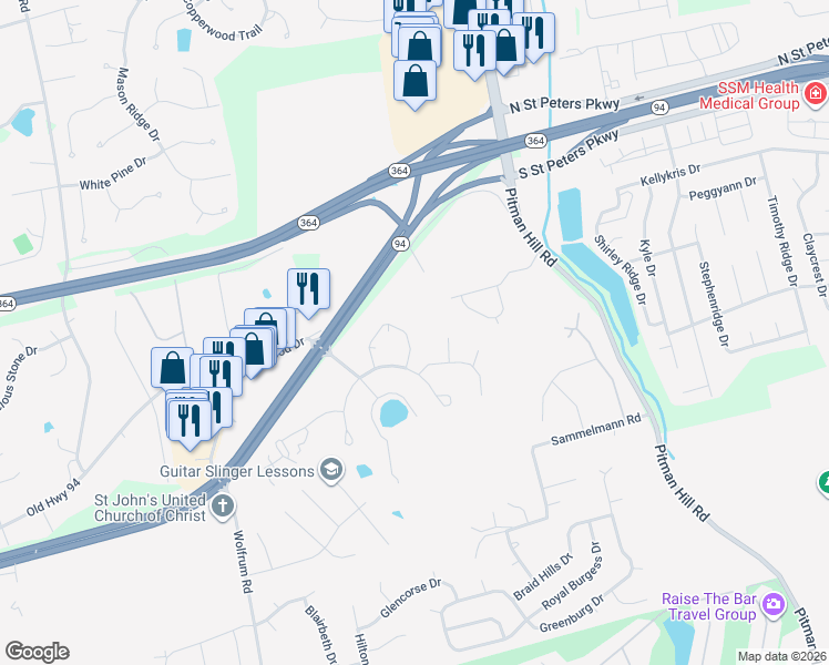 map of restaurants, bars, coffee shops, grocery stores, and more near 1824 Piedmont Circle in St. Peters