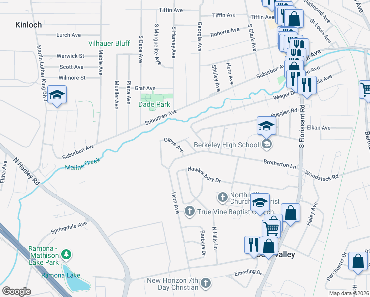 map of restaurants, bars, coffee shops, grocery stores, and more near 8438 Brotherton Lane in Ferguson