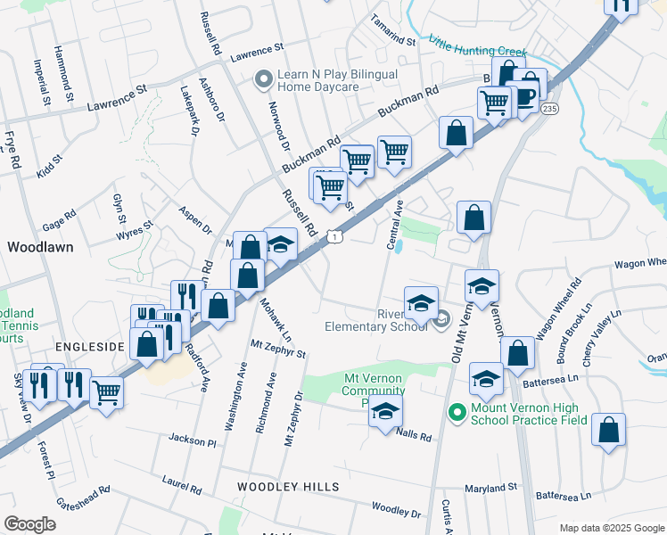 map of restaurants, bars, coffee shops, grocery stores, and more near 8315 Reddick Avenue in Alexandria