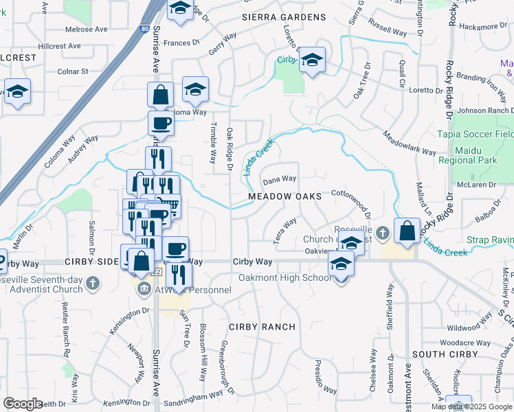 map of restaurants, bars, coffee shops, grocery stores, and more near 1415 Rampart Drive in Roseville