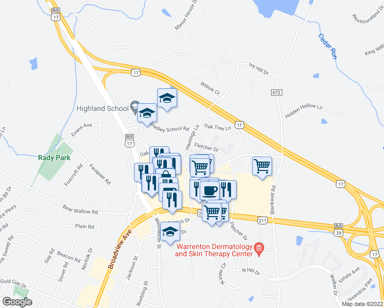 map of restaurants, bars, coffee shops, grocery stores, and more near 210C Fernwood Place in Warrenton