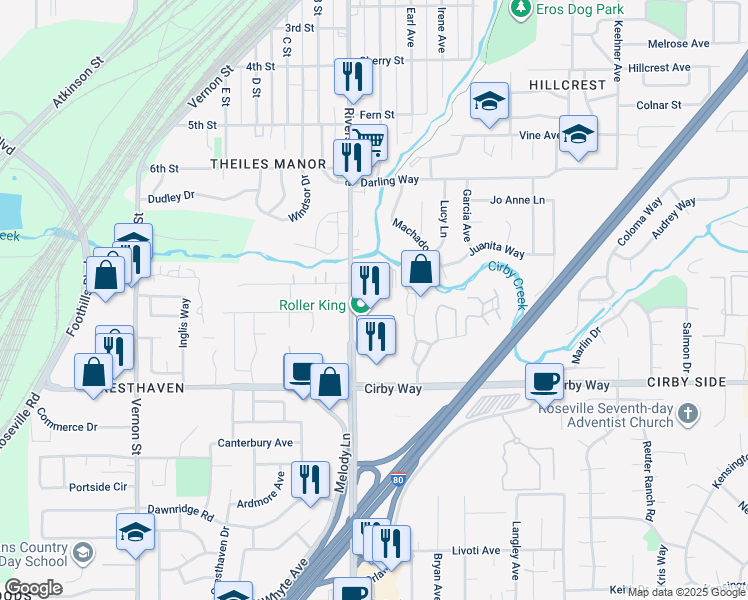 map of restaurants, bars, coffee shops, grocery stores, and more near 701 Riverside Avenue in Roseville