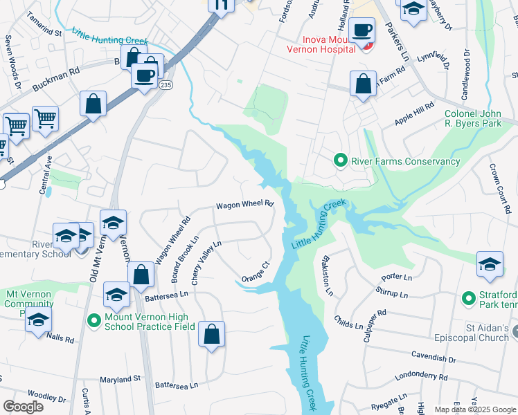 map of restaurants, bars, coffee shops, grocery stores, and more near 8323 Wagon Wheel Road in Alexandria