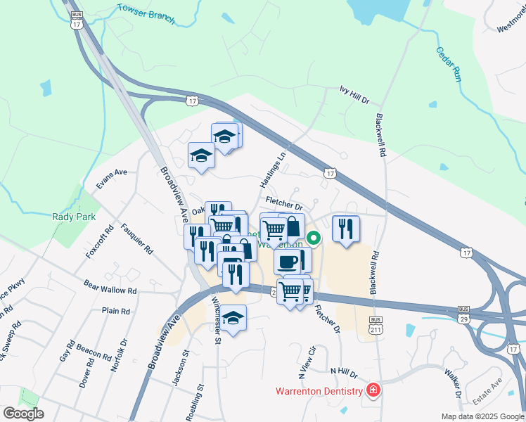 map of restaurants, bars, coffee shops, grocery stores, and more near 210C Fernwood Place in Warrenton