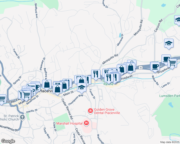 map of restaurants, bars, coffee shops, grocery stores, and more near 1098 Cindy Court in Placerville