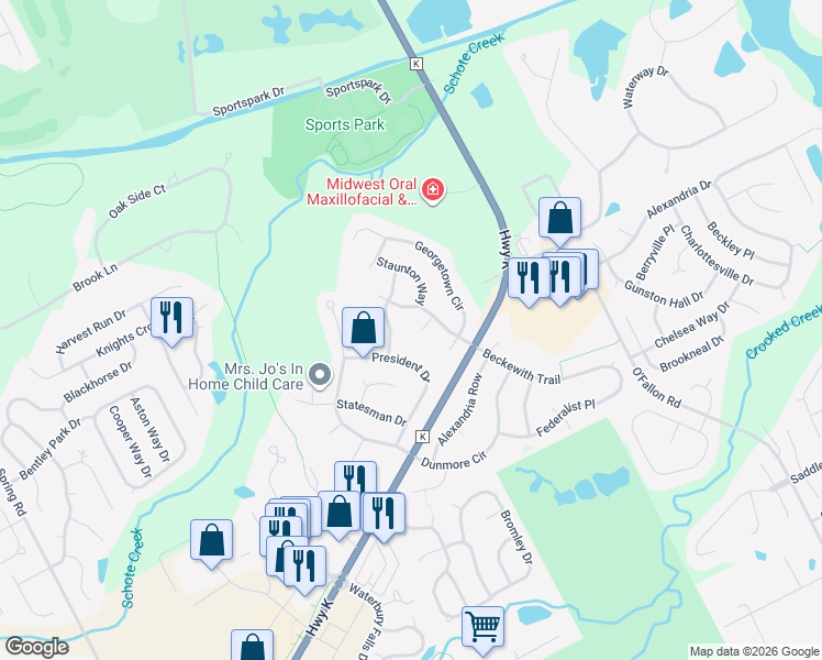 map of restaurants, bars, coffee shops, grocery stores, and more near 15 Beckewith Trail in O'Fallon