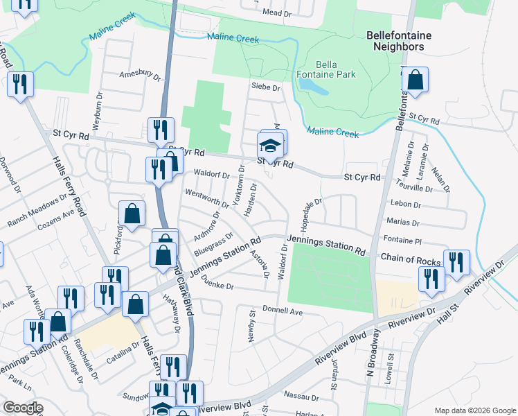 map of restaurants, bars, coffee shops, grocery stores, and more near 9440 Harden Drive in St. Louis