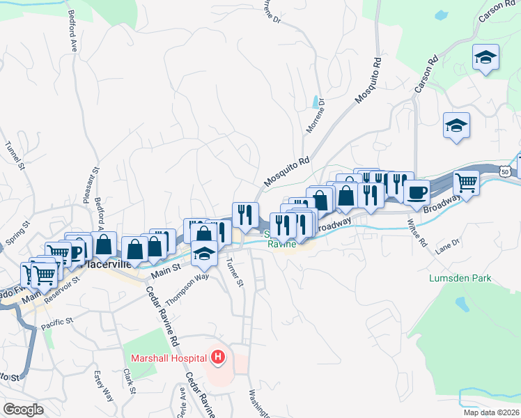 map of restaurants, bars, coffee shops, grocery stores, and more near 2977 Mosquito Road in Placerville