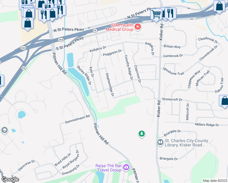 map of restaurants, bars, coffee shops, grocery stores, and more near 1266 Stephenridge Drive in St. Charles