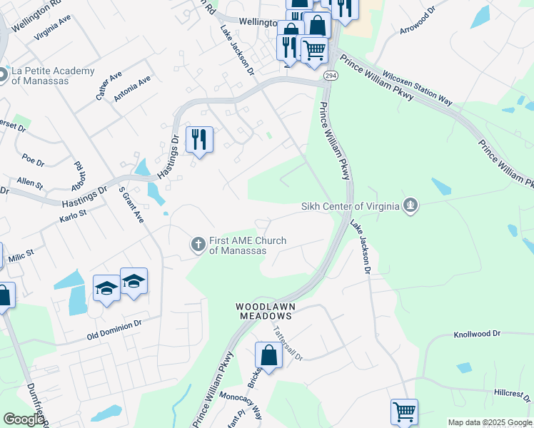 map of restaurants, bars, coffee shops, grocery stores, and more near 8432 Cabin Branch Court in Manassas