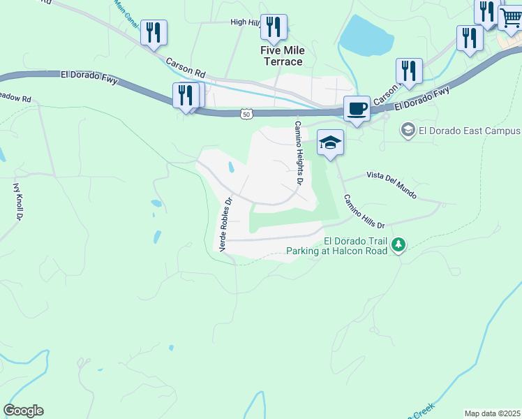 map of restaurants, bars, coffee shops, grocery stores, and more near 2932 Camino Heights Drive in Camino
