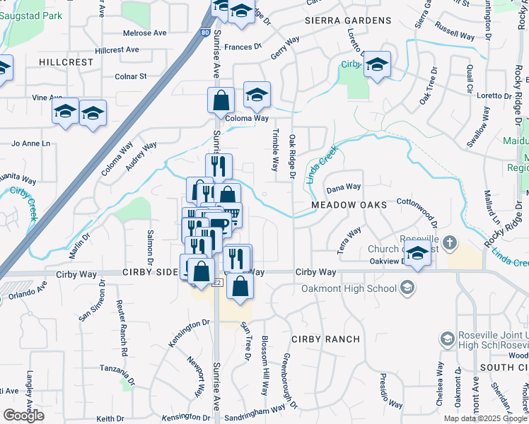 map of restaurants, bars, coffee shops, grocery stores, and more near 1122 Ravine View Drive in Roseville