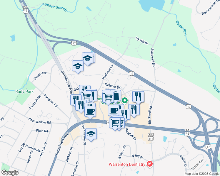 map of restaurants, bars, coffee shops, grocery stores, and more near 759 Cedar Crest Drive in Warrenton