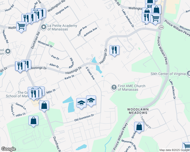 map of restaurants, bars, coffee shops, grocery stores, and more near 10235 Foxborough Court in Manassas
