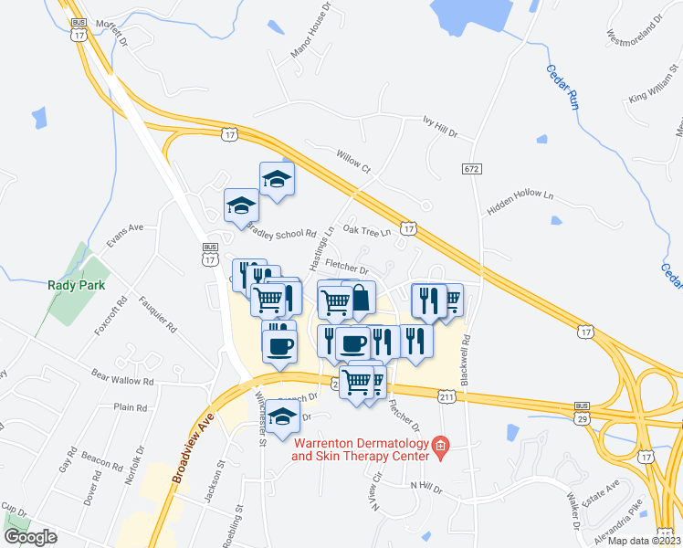 map of restaurants, bars, coffee shops, grocery stores, and more near 759 Cedar Crest Drive in Warrenton