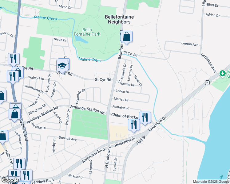 map of restaurants, bars, coffee shops, grocery stores, and more near 916 Teurville Drive in St. Louis