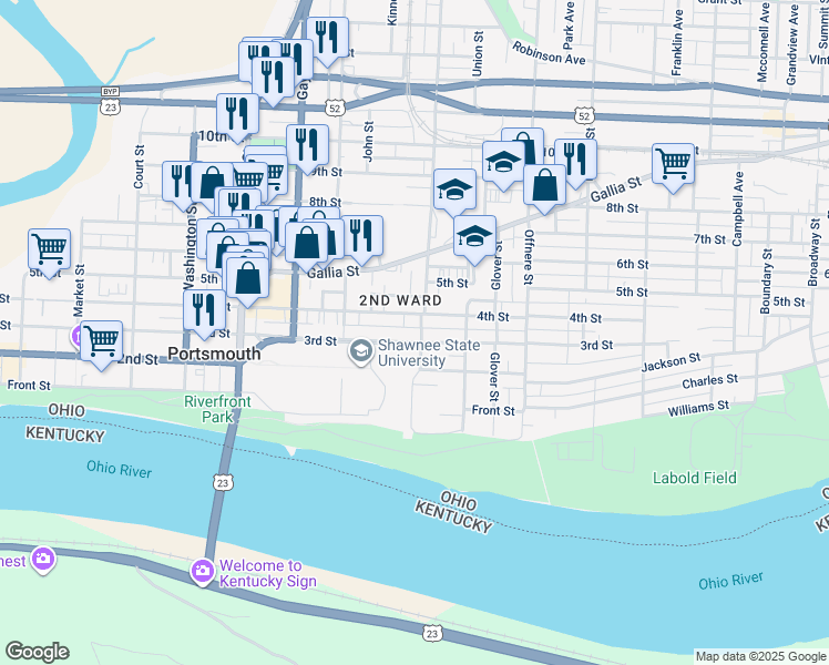 map of restaurants, bars, coffee shops, grocery stores, and more near 1121 4th Street in Portsmouth
