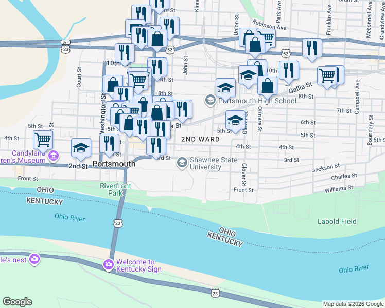 map of restaurants, bars, coffee shops, grocery stores, and more near 1111 3rd Street in Portsmouth