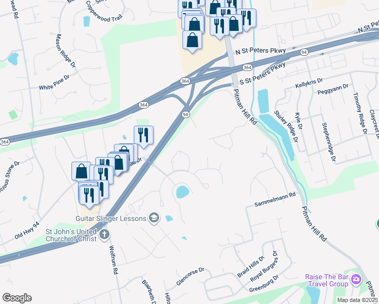 map of restaurants, bars, coffee shops, grocery stores, and more near 1432 Piedmont Circle in St. Peters