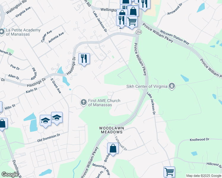 map of restaurants, bars, coffee shops, grocery stores, and more near 8432 Cabin Branch Court in Manassas