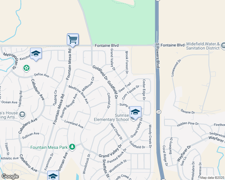 map of restaurants, bars, coffee shops, grocery stores, and more near 6820 Goldfield Drive in Colorado Springs