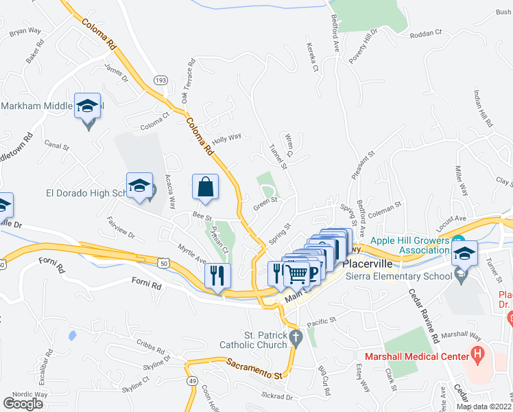 map of restaurants, bars, coffee shops, grocery stores, and more near 871 Green Street in Placerville