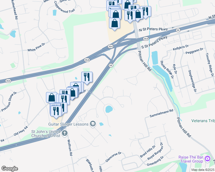 map of restaurants, bars, coffee shops, grocery stores, and more near 1521 Piedmont Circle in St. Charles