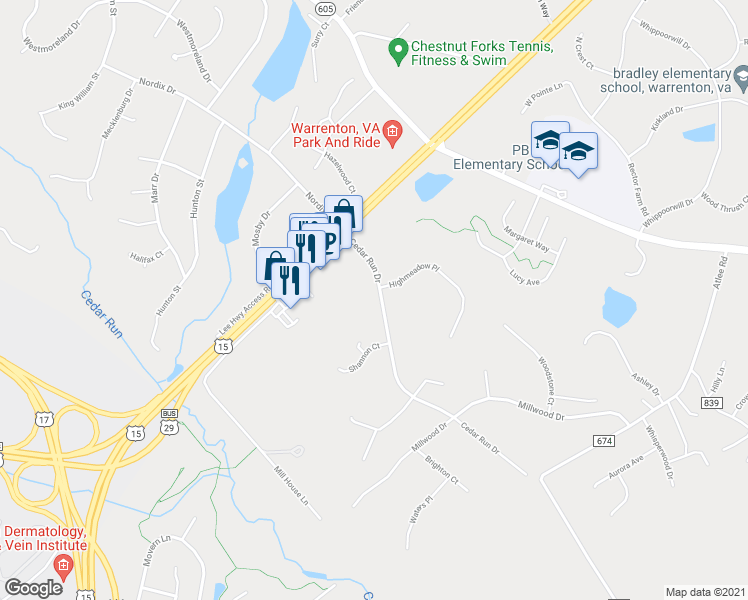 map of restaurants, bars, coffee shops, grocery stores, and more near 7334 Cedar Run Drive in Warrenton