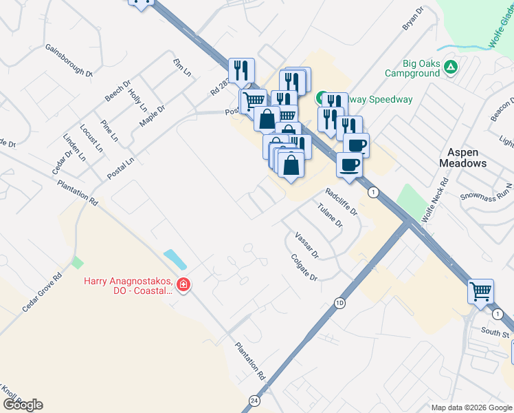 map of restaurants, bars, coffee shops, grocery stores, and more near 18871 Bethpage Drive in Rehoboth Beach