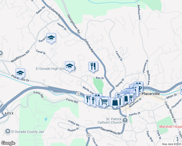 map of restaurants, bars, coffee shops, grocery stores, and more near 2899 Molly Lane in Placerville