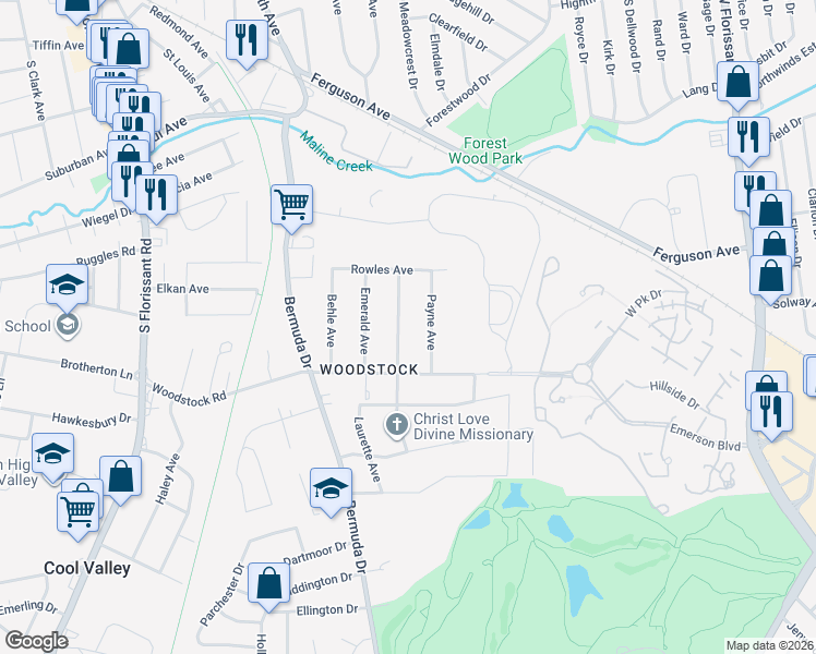 map of restaurants, bars, coffee shops, grocery stores, and more near 6161 Payne Avenue in Ferguson