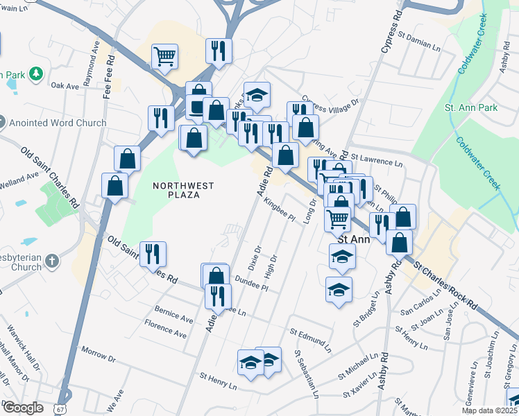 map of restaurants, bars, coffee shops, grocery stores, and more near 3800 Adie Road in Saint Ann