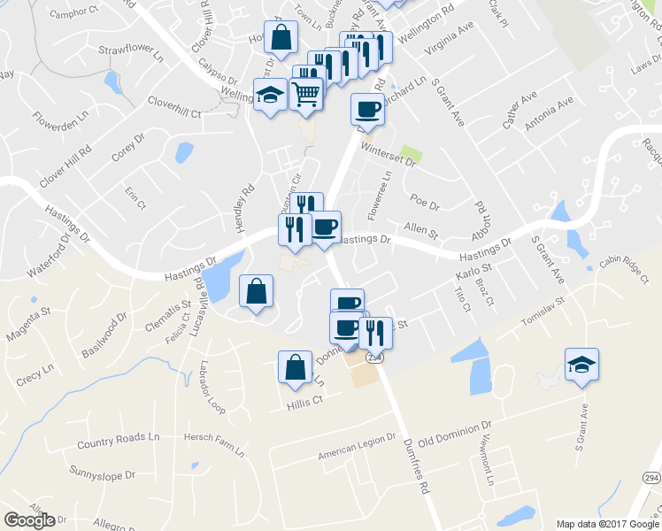 map of restaurants, bars, coffee shops, grocery stores, and more near 9351 Manassas Mill Road in Manassas