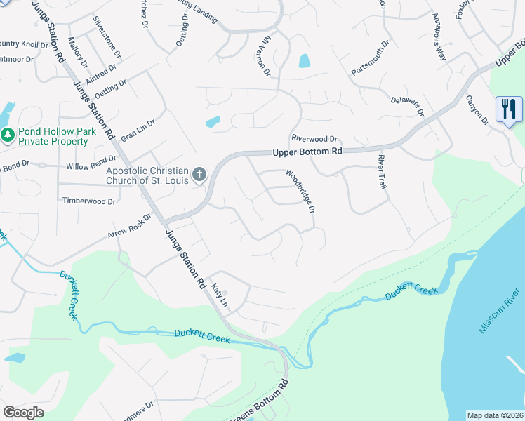 map of restaurants, bars, coffee shops, grocery stores, and more near 410 Woodcliff Manor Road in Saint Charles
