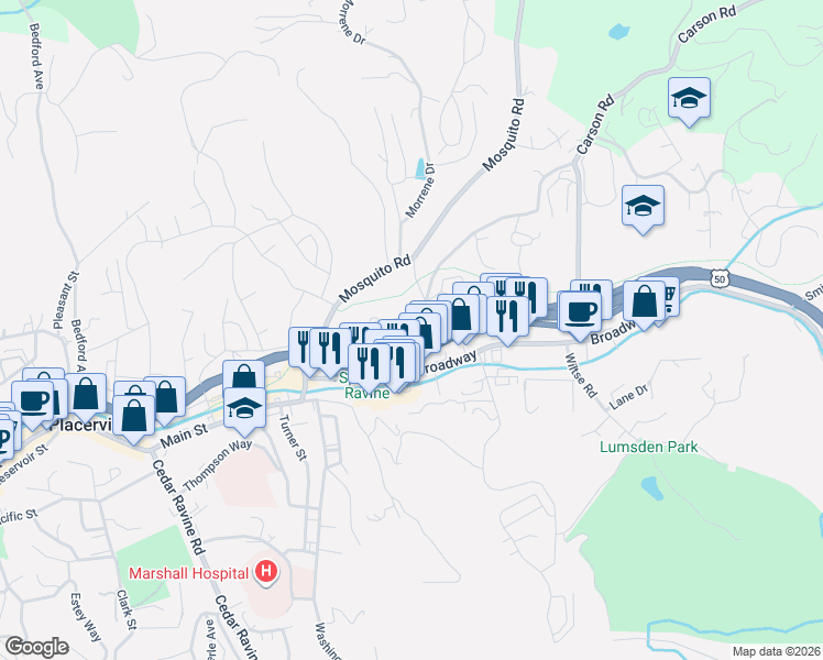 map of restaurants, bars, coffee shops, grocery stores, and more near 1237 Pinecrest Court in Placerville