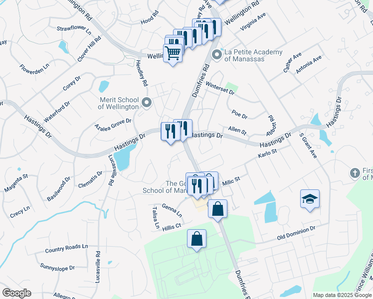 map of restaurants, bars, coffee shops, grocery stores, and more near 9308 Manassas Mill Road in Manassas