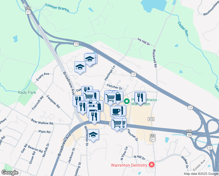 map of restaurants, bars, coffee shops, grocery stores, and more near 203 Fernwood Place in Warrenton
