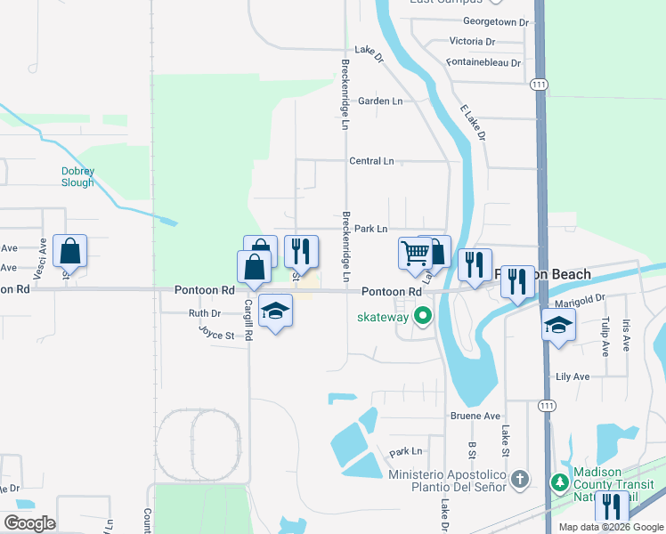 map of restaurants, bars, coffee shops, grocery stores, and more near 4051 Breckenridge Lane in Granite City