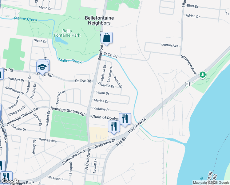 map of restaurants, bars, coffee shops, grocery stores, and more near 826 Teurville Drive in St. Louis