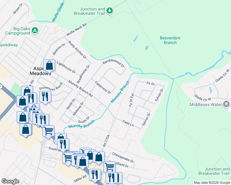 map of restaurants, bars, coffee shops, grocery stores, and more near 2090 Fieldcrest Drive in Rehoboth Beach