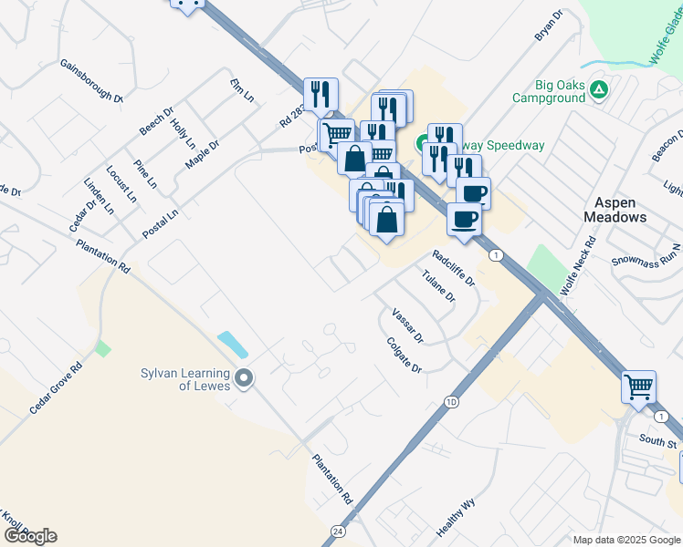 map of restaurants, bars, coffee shops, grocery stores, and more near 18871 Bethpage Drive in Rehoboth Beach