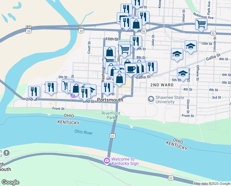 map of restaurants, bars, coffee shops, grocery stores, and more near 322 U.S. 23 in Portsmouth
