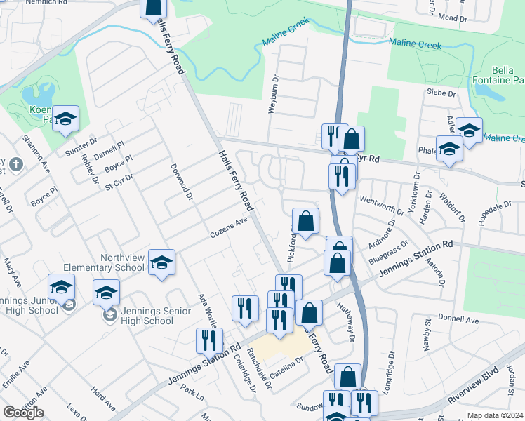 map of restaurants, bars, coffee shops, grocery stores, and more near 3 Watson Mill Court in Jennings