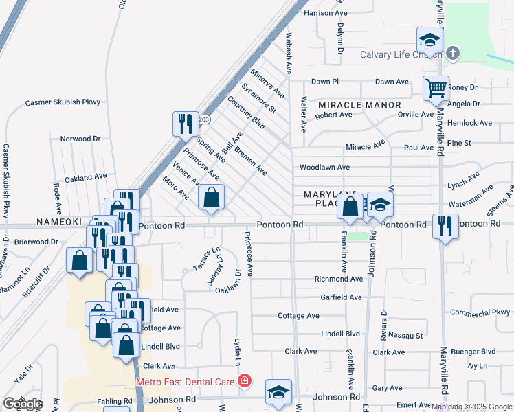 map of restaurants, bars, coffee shops, grocery stores, and more near 1820 Spring Avenue in Granite City