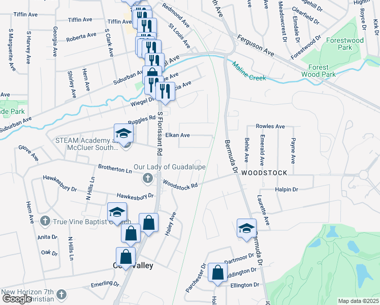 map of restaurants, bars, coffee shops, grocery stores, and more near 114 Anabel Avenue in Saint Louis