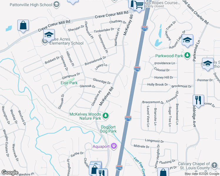 map of restaurants, bars, coffee shops, grocery stores, and more near 2698 Glendrive Place in Maryland Heights
