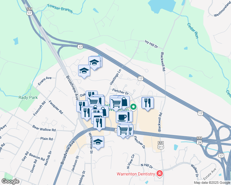 map of restaurants, bars, coffee shops, grocery stores, and more near 203 Fernwood Place in Warrenton