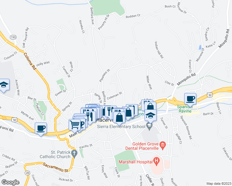 map of restaurants, bars, coffee shops, grocery stores, and more near 975 Coleman Street in Placerville